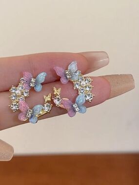 Gold Butterfly Crystal Hoop Earrings - Pink & Blue